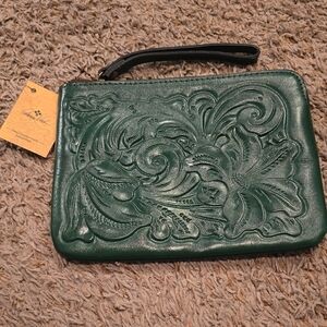 Patricia Nash Green Tooled Leather Wristlet Clutch